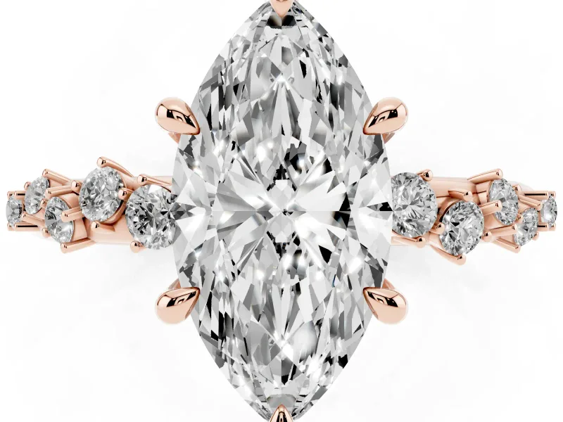 Marquise Cut Diamond Solitaire Vine Band Ring Set in Rose gold with Round Accents and Prong Setting