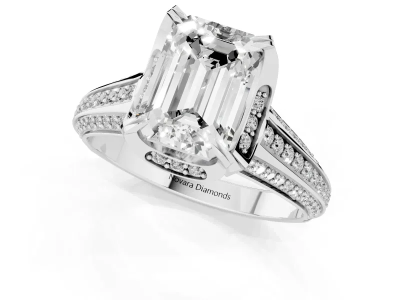 Emerald Cut Diamond Pavé Split Shank Solitaire Ring Set in Platinum with Prong Setting