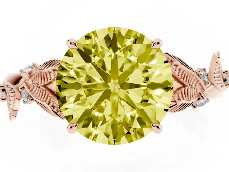 Fancy Yellow Round Cut Diamond Solitaire Ring Set in Rose gold with Leaf Motif Band