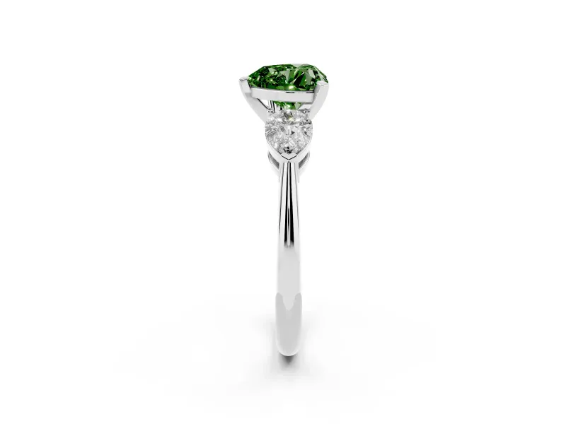 Fancy Green Three-Stone Heart Cut Diamond Ring Set in Silver with Pear Side Stones and Prong Setting
