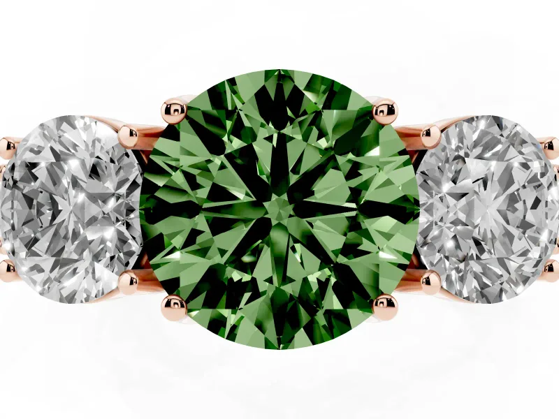 Round Vintage Three Stone Engagement Ring Setting for a Fancy Green Lab-Grown Diamond | Rose Gold
