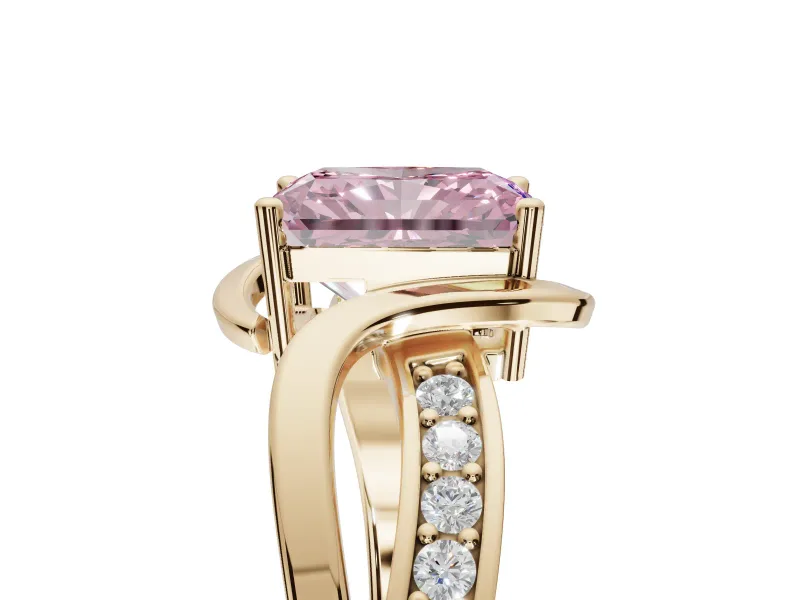 Radiant Cut Bypass Solitaire Engagement Ring Setting for a Fancy Pink Lab-Grown Diamond | Pavé Strands | Yellow Gold