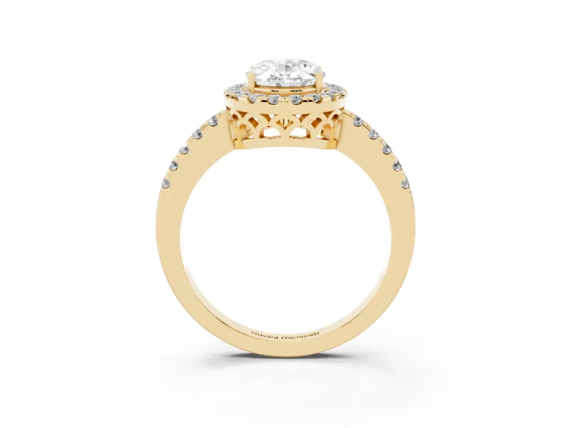 Oval Cut Diamond Pavé Band Halo Engagement Ring Set in Yellow gold with Prong Setting