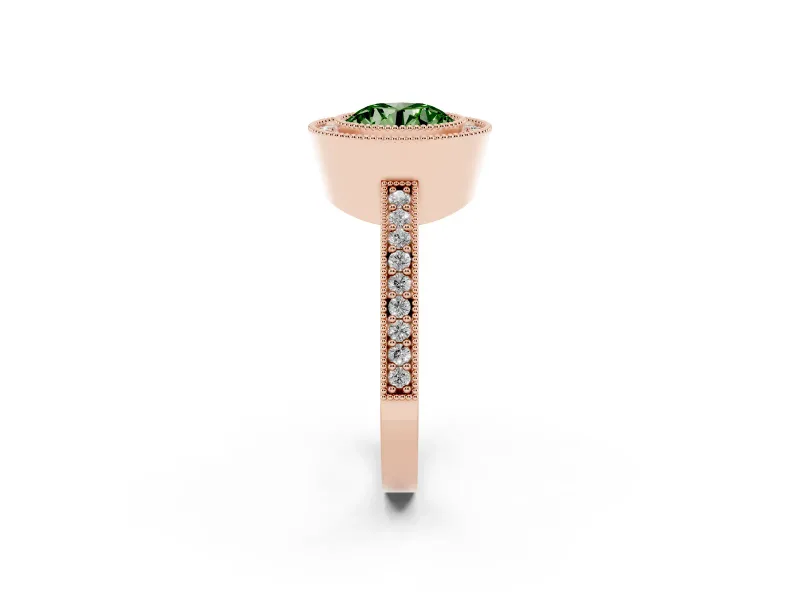 Round Milgrain Halo Engagement Ring Setting for a Fancy Green Lab-Grown Diamond | Pave Band | Rose Gold