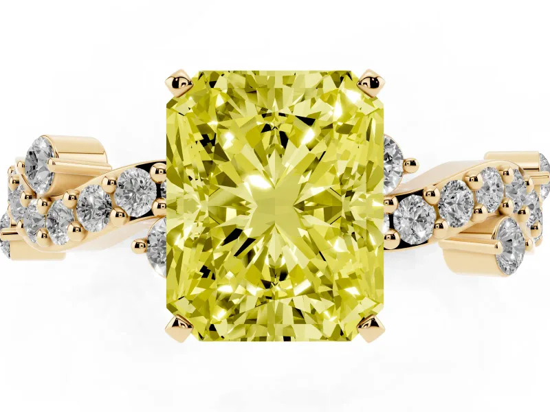 Fancy Yellow Radiant Cut Diamond Solitaire Twisted Band Set in Yellow gold with Pavé Setting