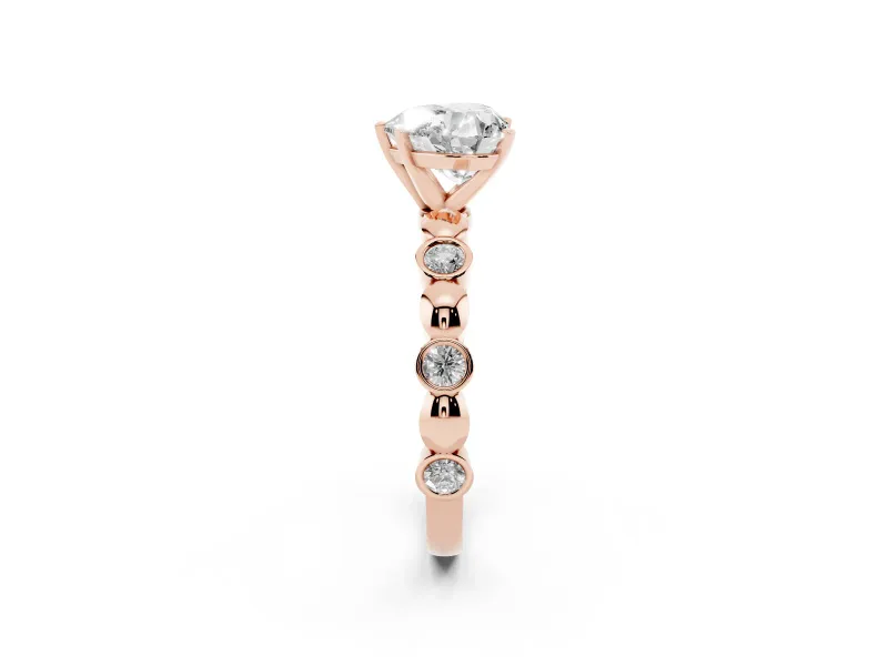Heart Cut Diamond Solitaire Ring Set in Rose gold with Bezel-Set Accents on Beaded Band and Prong Setting