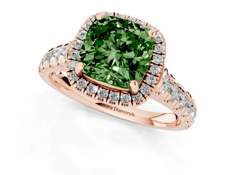 Cushion Cut Accented Halo Engagement Ring Setting for a Fancy Green Lab-Grown Diamond | Rose Gold