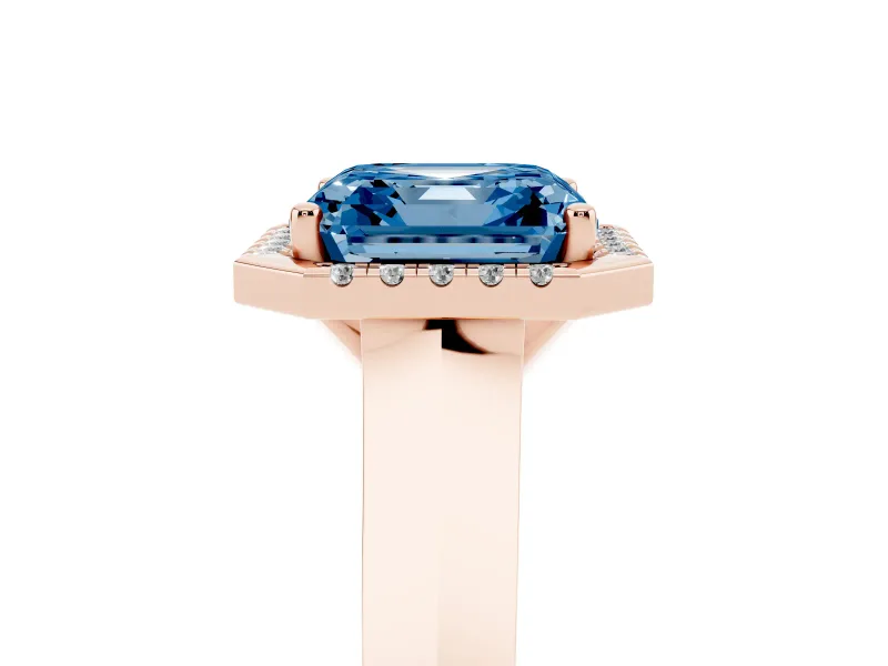 Fancy Blue Asscher Cut Diamond Halo Ring Set in Rose gold with Cathedral Band and Prong Setting