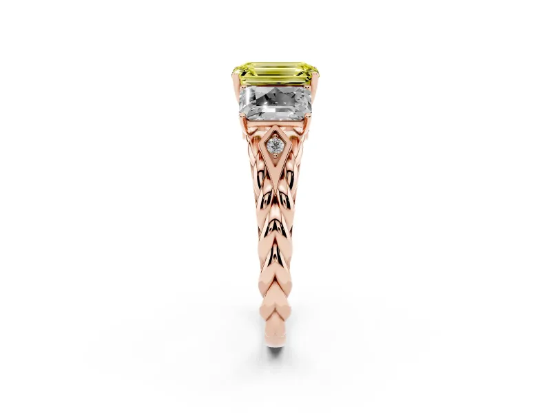 Fancy Yellow Emerald Cut Diamond Three-Stone Ring Set in Rose gold with Braided Band