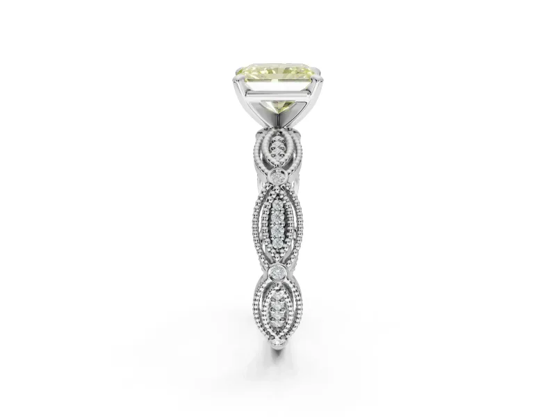 Radiant Cut Vintage Engagement Ring Setting for a Fancy Yellow Lab-Grown Diamond | Graduated Stations | Platinum