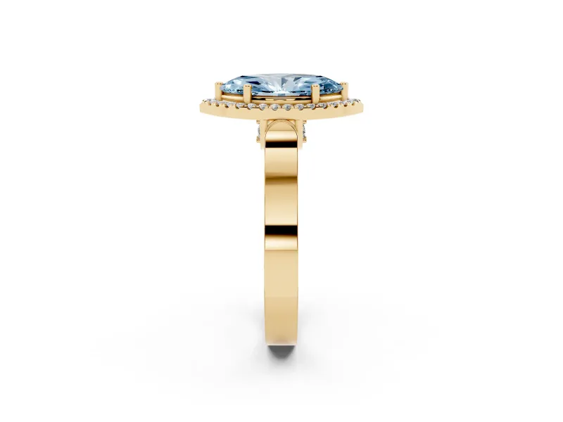 Fancy Blue Marquise Cut Diamond Halo Ring Set in Yellow gold with Pavé-Lined Split Shank Band