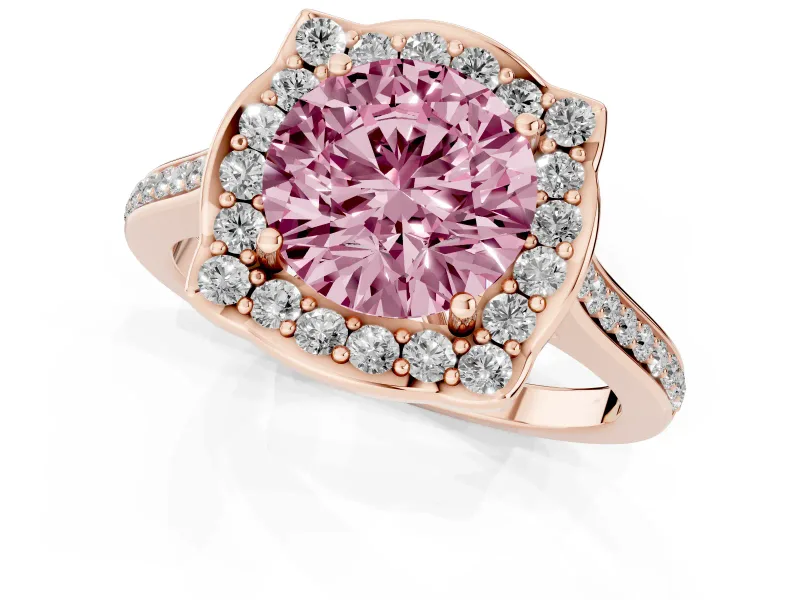 Round Halo Engagement Ring Setting for a Fancy Pink Lab-Grown Diamond | Petal Tips | Rose Gold