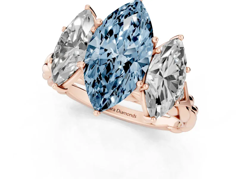 Fancy Blue Marquise Cut Diamond Three-Stone Ring Set in Rose gold with Braided Band