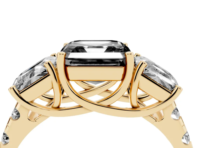 Asscher Cut Three Stone Engagement Ring Setting for a Black Center | Accented Shoulders | Yellow Gold