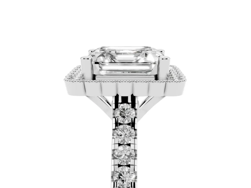 Asscher Cut Diamond Milgrain Floral Halo Engagement Ring Set in White gold with Pavé Band