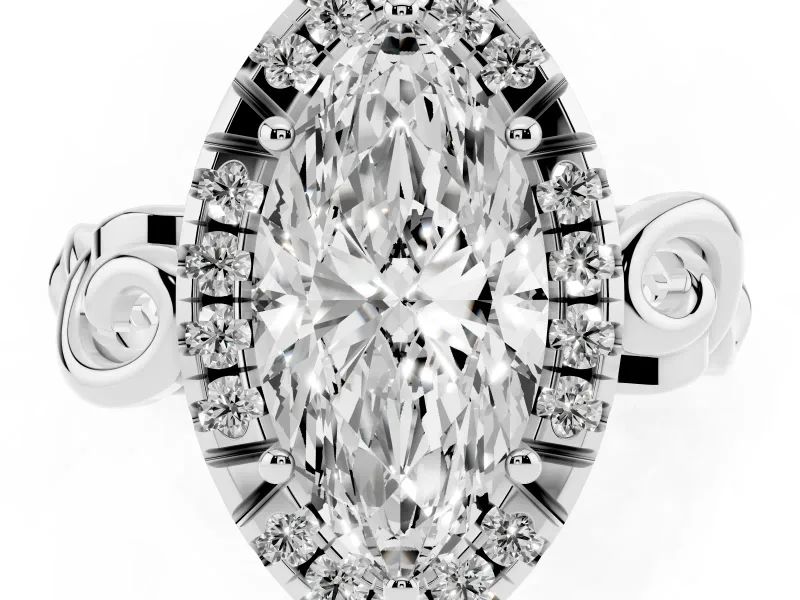 Marquise Cut Diamond Halo Ring Set in Silver with Scrollwork Band and Prong Setting