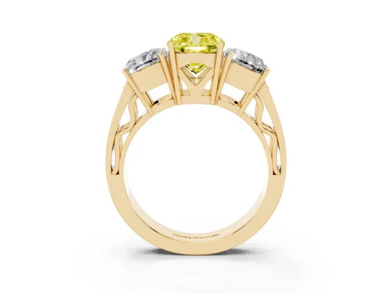 Cushion Cut Three Stone Engagement Ring Setting for a Fancy Yellow Lab-Grown Diamond | Beaded Shoulders | Yellow Gold