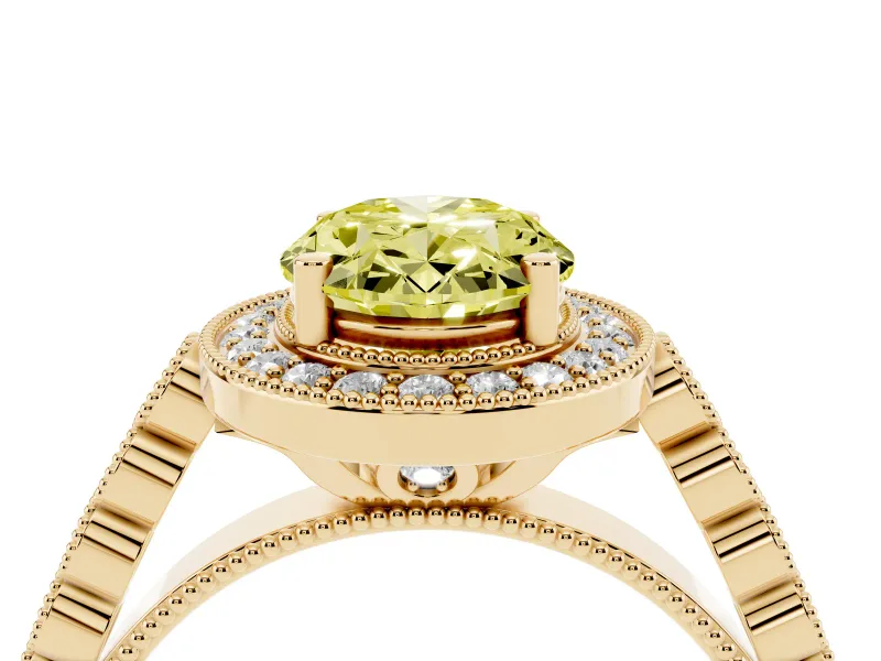 Fancy Yellow Oval Cut Diamond Milgrain Halo Solitaire Ring Set in Yellow gold with Bezel Set Side Stones and Pavé Band