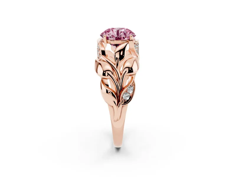 Fancy Pink Round Cut Diamond Leaf-Inspired Engagement Ring Set in Rose gold with Round Accents