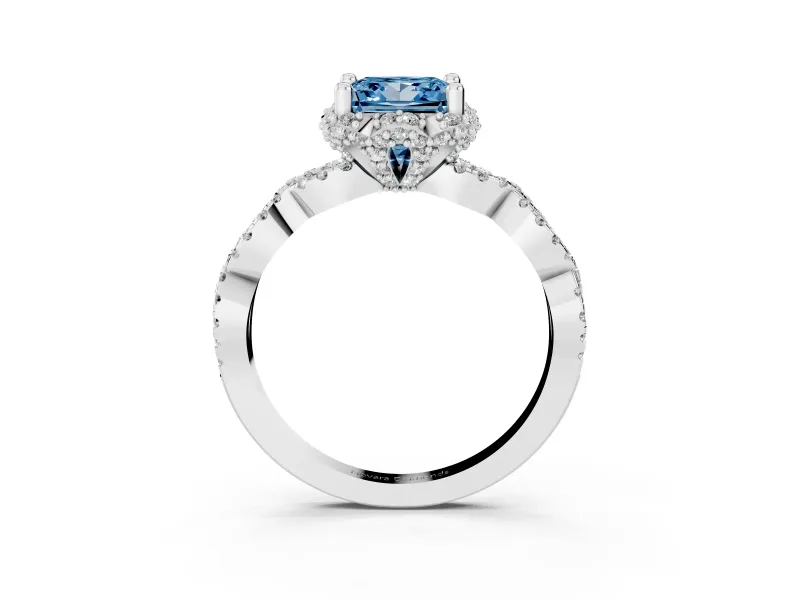 Princess Cut Milgrain Halo Engagement Ring Setting for a Fancy Blue Lab-Grown Diamond | Graduated Shoulders | White Gold