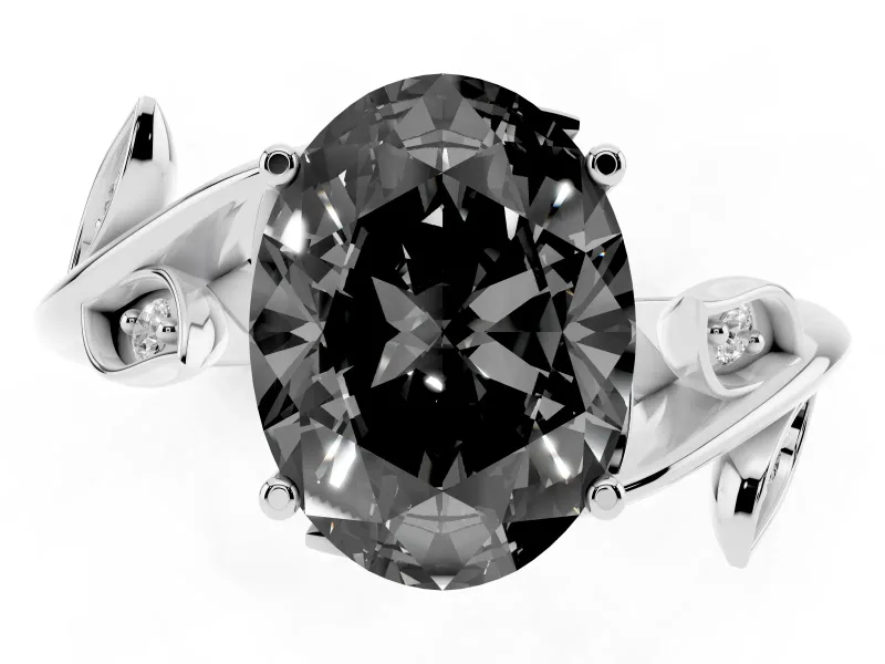 Fancy Black Oval Cut Diamond Solitaire Twist Engagement Ring Set in White gold with Pavé Leaf Accents