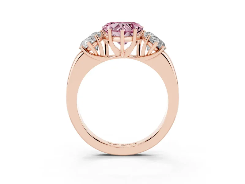 Fancy Pink Heart Cut Diamond Three-Stone Ring Set in Rose gold with Bold Center and Classic Band