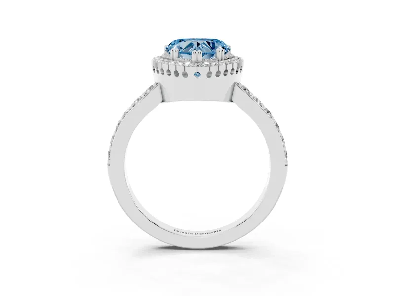 Fancy Blue Heart Cut Diamond Halo Engagement Ring Set in White gold with Milgrain Detail and Pavé Band