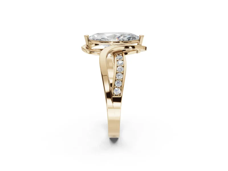 Marquise Bypass Solitaire Engagement Ring Setting | Pavé and Plain Strands | Yellow Gold
