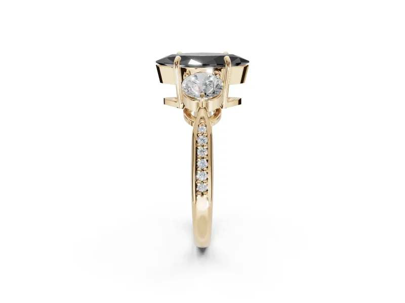 Fancy Black Marquise Lab-Grown Diamond Three-Stone Ring Set in Yellow Gold with Channel-Set Band and Prong Setting