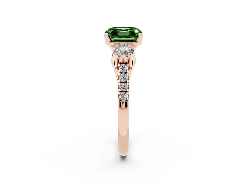 Fancy Green Three-Stone Asscher Cut Diamond Pavé Band Ring Set in Rose gold with Prong-Set Trio