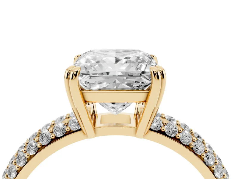 Princess Cut Three Row Pave Solitaire Engagement Ring Setting | Double Claw Prongs | Yellow Gold