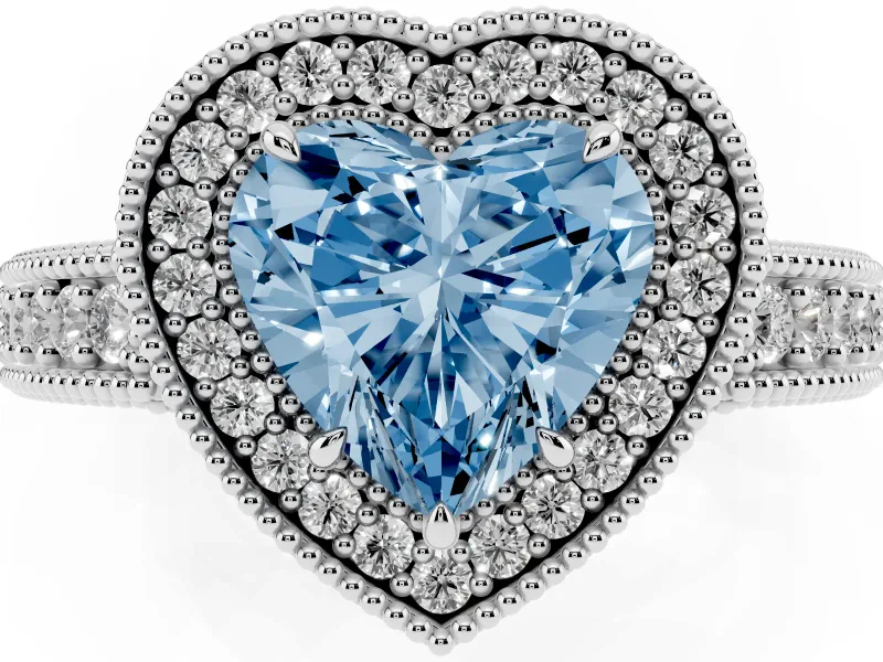 Fancy Blue Heart Cut Diamond Halo Ring Set in Silver with Round Accent Halo, Pavé Band and Prong Setting
