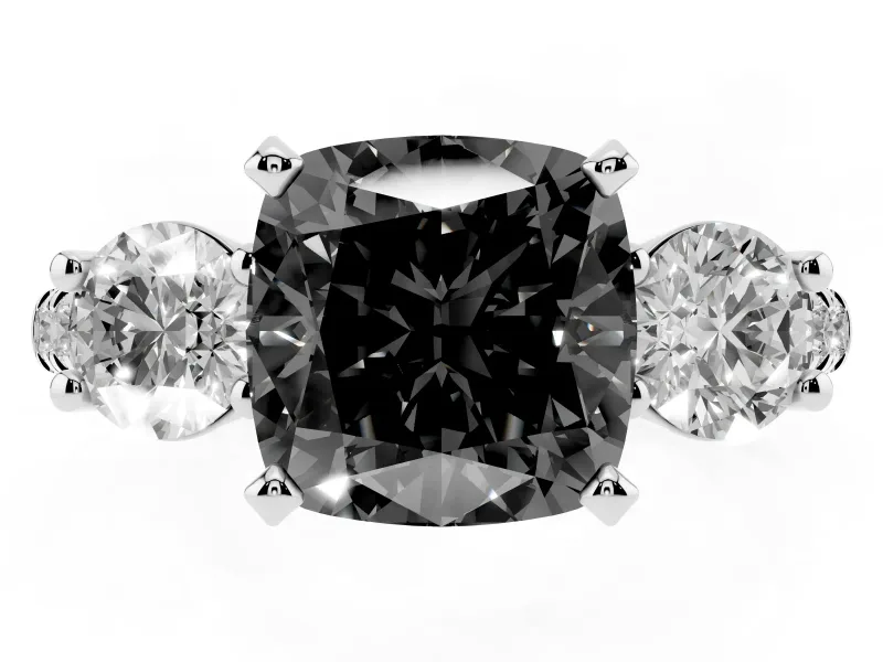 Fancy Black Three-Stone Cushion Cut Diamond Pavé Band Ring Set in Platinum with Prong-Set Trio