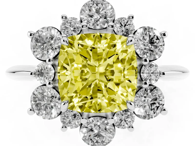 Cushion Cut Cluster Halo Engagement Ring Setting for a Fancy Yellow Lab-Grown Diamond | Platinum