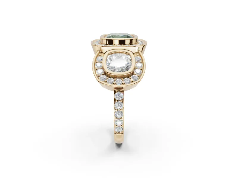 Cushion Cut Three Stone Halo Engagement Ring Setting for a Fancy Green Lab-Grown Diamond | Bezel Set | Yellow Gold
