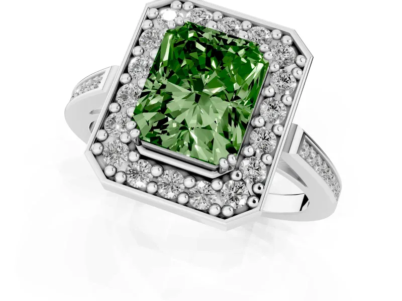 Radiant Cut Halo Engagement Ring Setting for a Fancy Green Lab-Grown Diamond | Polished Halo Rim | Platinum
