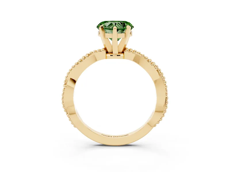 Fancy Green Heart Cut Diamond Solitaire Ring Set in Yellow gold with Twisted Band and Bead Prong Setting