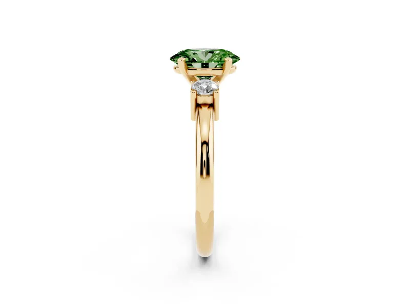 Oval Three Stone Engagement Ring Setting for a Fancy Green Lab-Grown Diamond | Round Side Stones | Yellow Gold