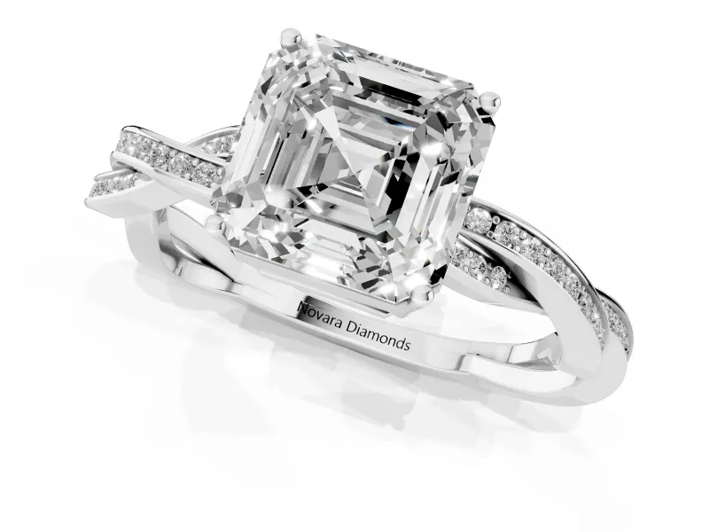 Asscher Cut Diamond Solitaire Twisted Pavé Ring Set in Platinum with Prong Setting