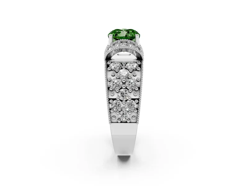 Fancy Green Cushion Cut Diamond Milgrain Halo Pavé Engagement Ring Set in White gold with Prong Setting