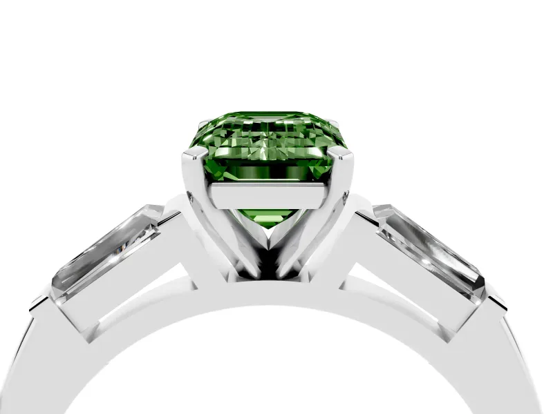Fancy Green Emerald Cut Diamond Solitaire Ring Set in Platinum with Tapered Baguette Side Stones and Prong Setting