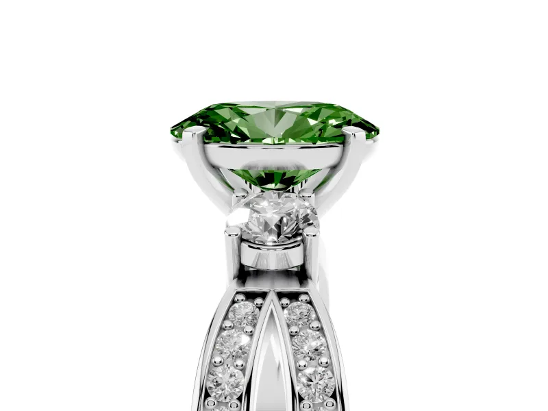 Fancy Green Three-Stone Oval Cut Diamond Twist Band Ring Set in Platinum with Pavé Accents and Prong Setting