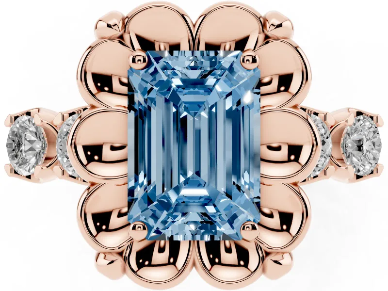 Emerald Cut Floral Engagement Ring Setting for a Fancy Blue Lab-Grown Diamond | Petal Frame and Side Stones | Rose Gold