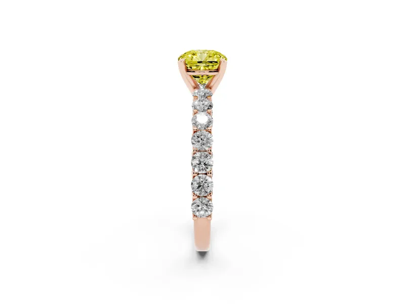 Cushion Cut Shared Prong Engagement Ring Setting for a Fancy Yellow Lab-Grown Diamond | Rose Gold