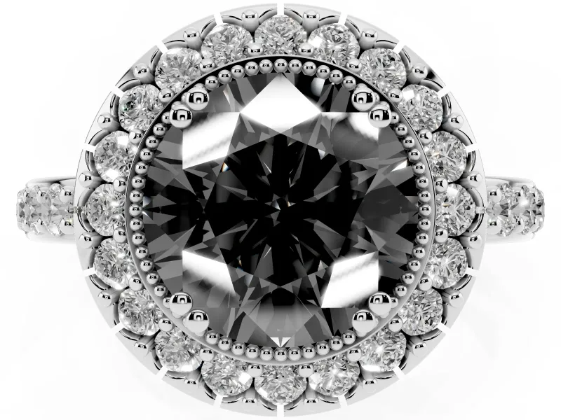 Round Milgrain Halo Engagement Ring Setting for a Black Center | Pavé Shoulders | Sterling Silver