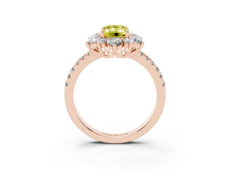Fancy Yellow Emerald Cut Diamond Floral Halo Ring Set in Rose gold with Round Pavé Band and Prong Setting