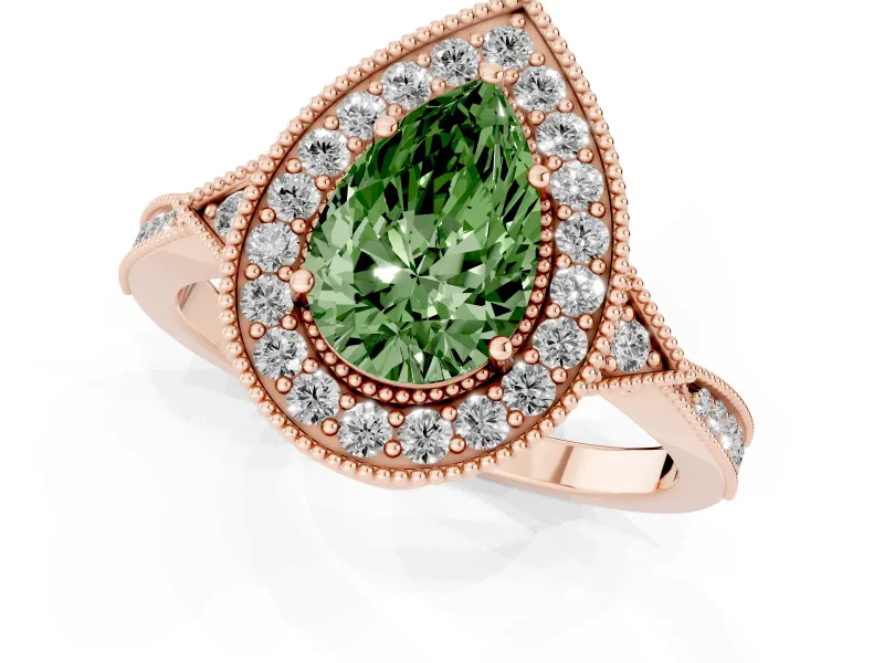 Pear-Shaped Milgrain Halo Engagement Ring Setting for a Fancy Green Lab-Grown Diamond | Graduated Pavé | Rose Gold
