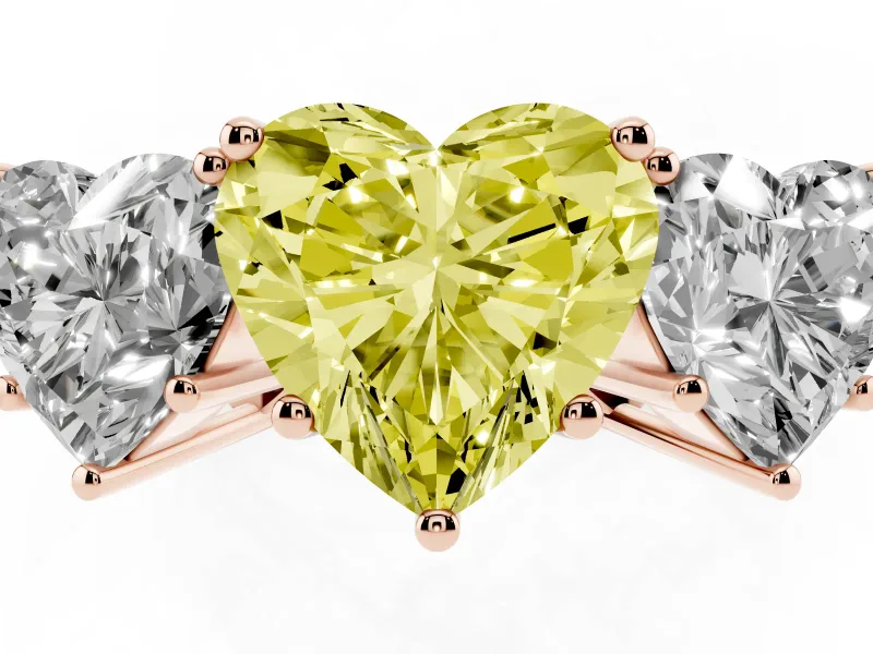 Heart-Shaped Three Stone Engagement Ring Setting for a Fancy Yellow Lab-Grown Diamond | Beaded Shoulders | Rose Gold
