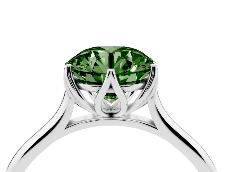 Fancy Green Round Cut Diamond Solitaire Cathedral Ring Set in White gold with Prong Setting