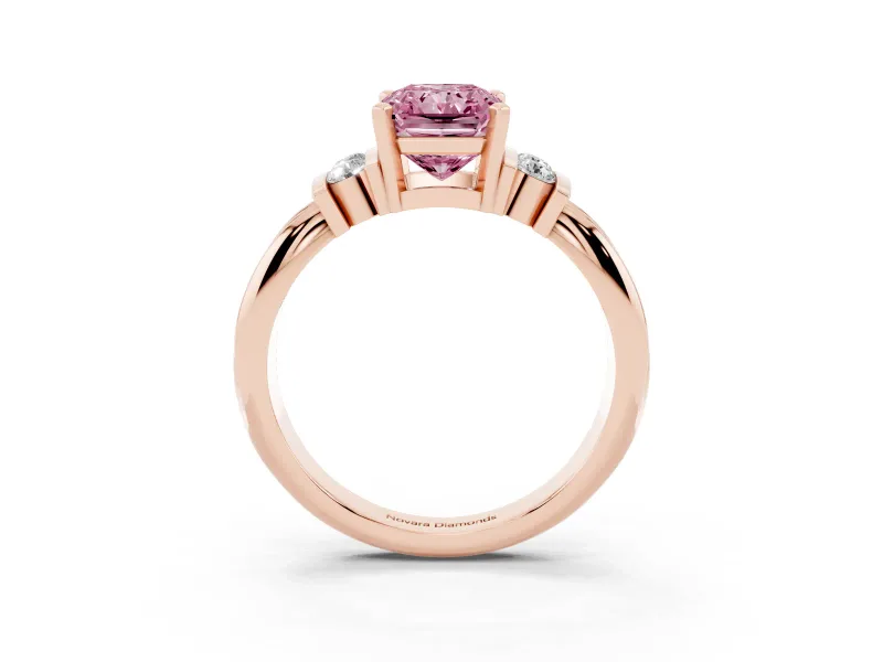 Fancy Pink Three-Stone Radiant Cut Diamond Channel Set Ring Set in Rose gold with Bar Prongs